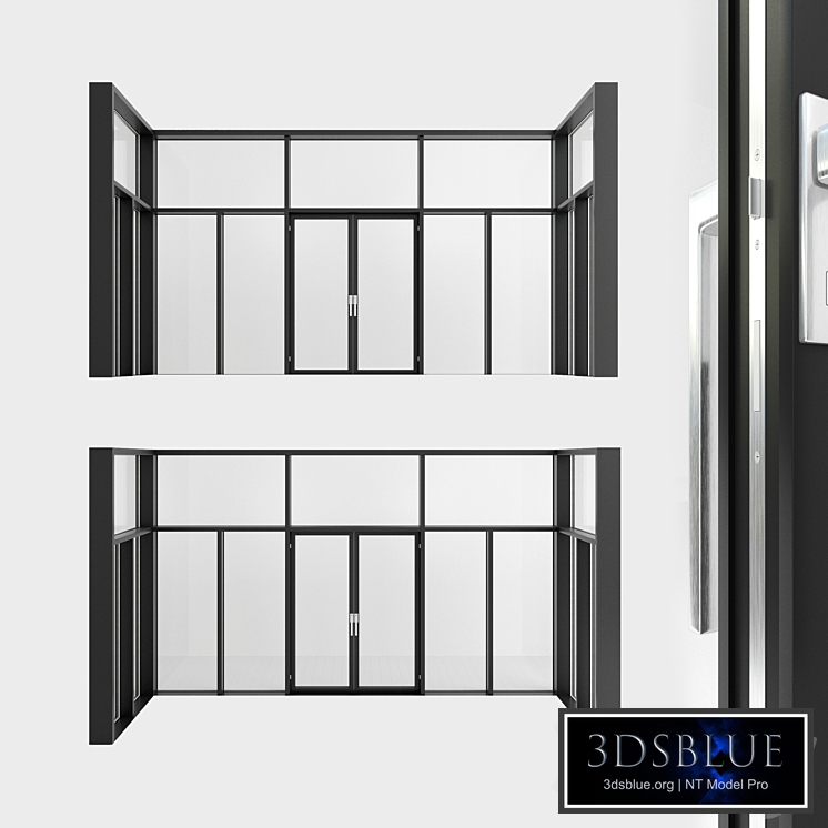 Panoramic glazing. A door. one