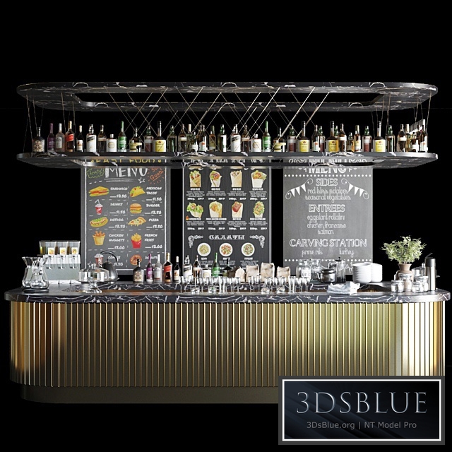 A large design project of a bar counter with strong alcohol, wine and a variety of cocktails. Alcohol