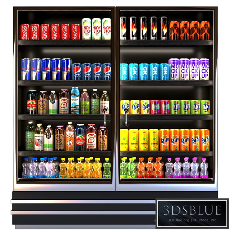 Showcase in a supermarket with lemonades, juices and energy drinks 8