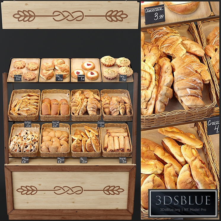 Showcase with pastries for shop and cafe. Bread