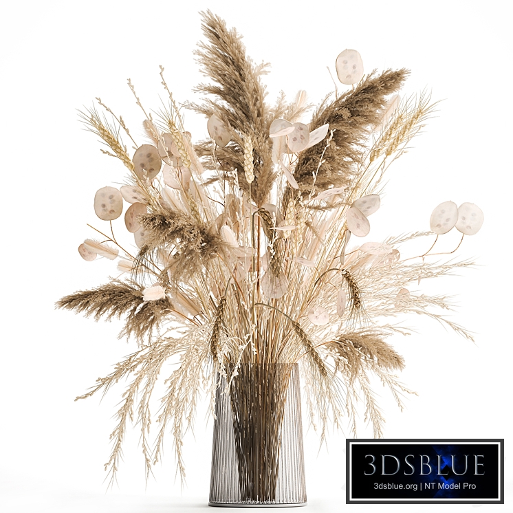 A beautiful bouquet of dried flowers in a vase with dry branches of pampas, reeds, lunnik, spikelets. 126.