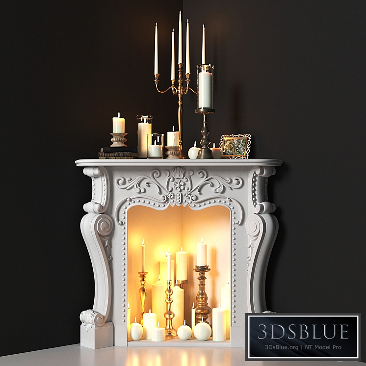 Corner fireplace with candles. Decorative set