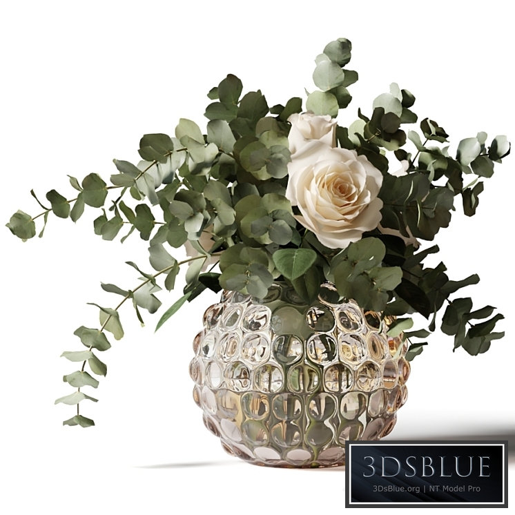 Bouquet of roses and eucalyptus in a glass pimpled vase