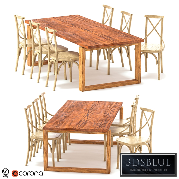 ODGER Table and 6 Teak Cross Back Dining Chair