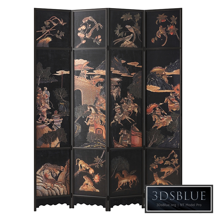 Chinese Four-Panel Lacquered Coromandel Panel Screen