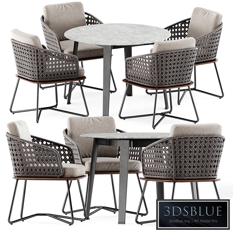 Rivera Little Armchair by Minotti and Ginepro round Outdoor table by bebitalia