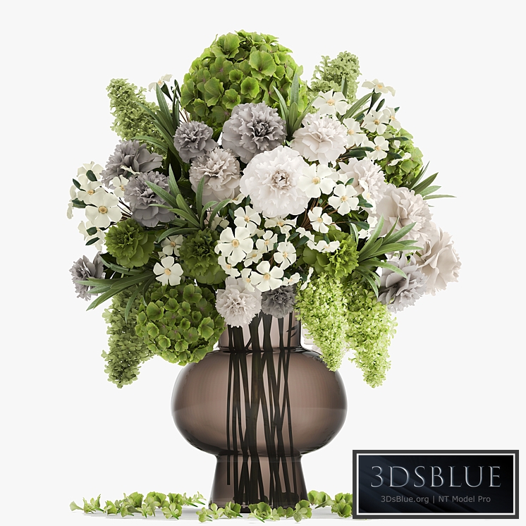 Bouquet 151. hydrangea, green flowers, vase, lilac, peonies, glass, petals, eco design