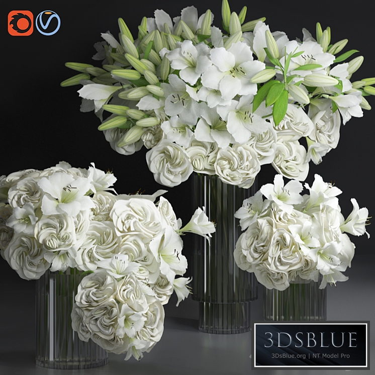 White Lily Tuberose Peony Camelia Bouquet Decorative Glass Vases Set