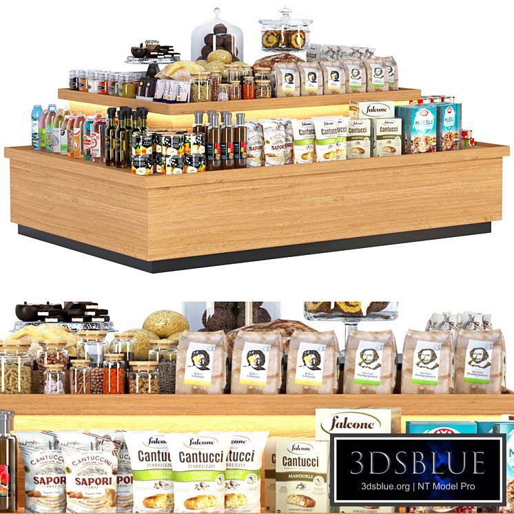 Display stand in a supermarket with products. Juices and cereals