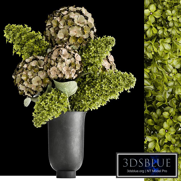 Beautiful modern bouquet of green flowers in a black vase with Hydrangea, green Lilac. 169
