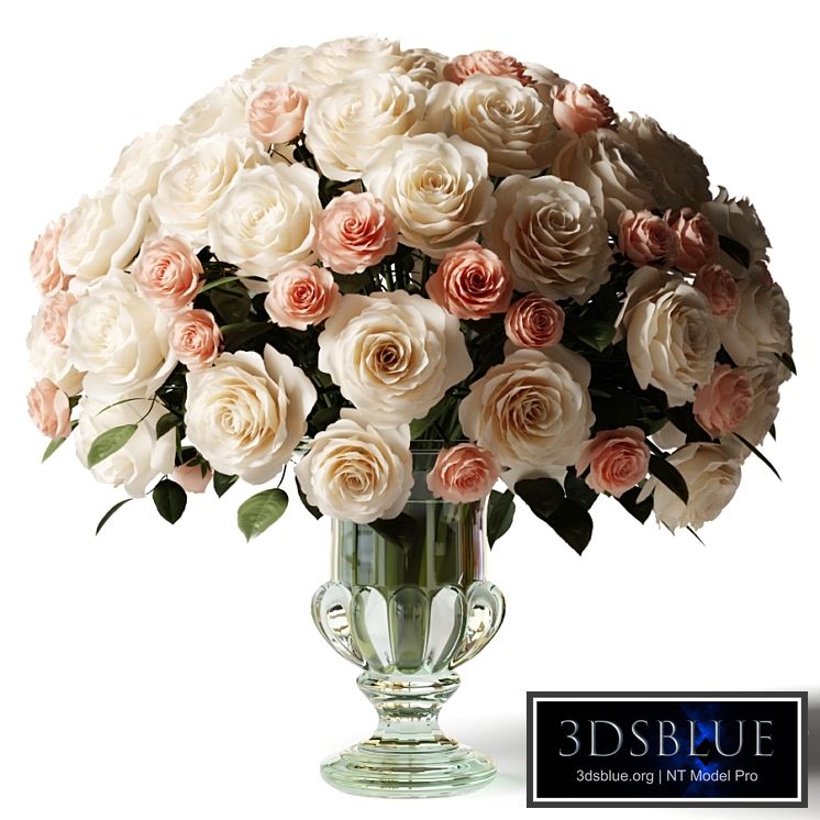 Bouquet of white and pink roses in a glass classic vase