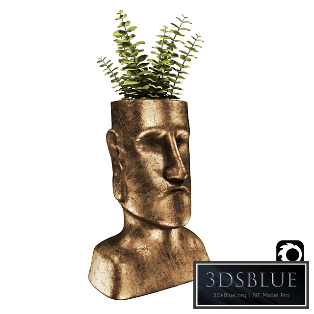 Easter Island bronze sculpture with plant