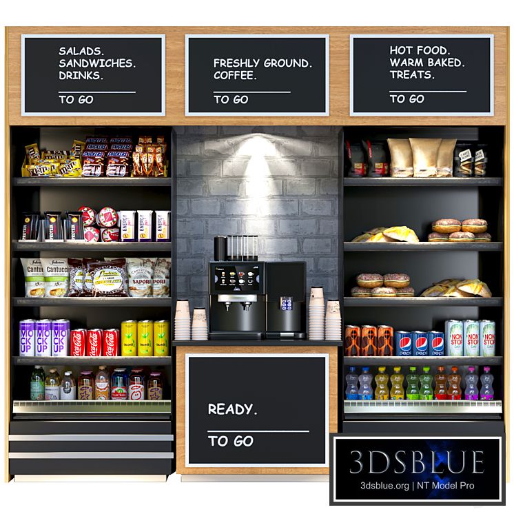 Shelf in a supermarket with dry breakfasts, sweets and a coffee machine. Supermarket