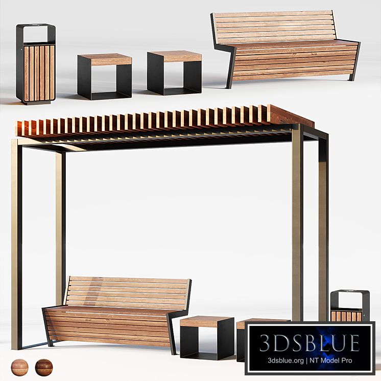 Improvement set, bench, pergola, urn.