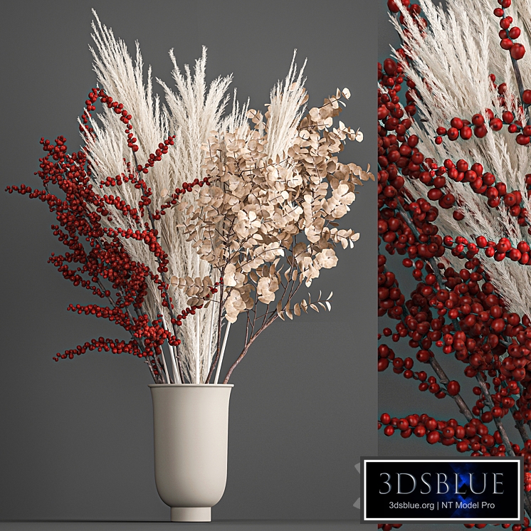 Bouquet of dried flowers in a vase with branches of red berries and white veinik. 199.