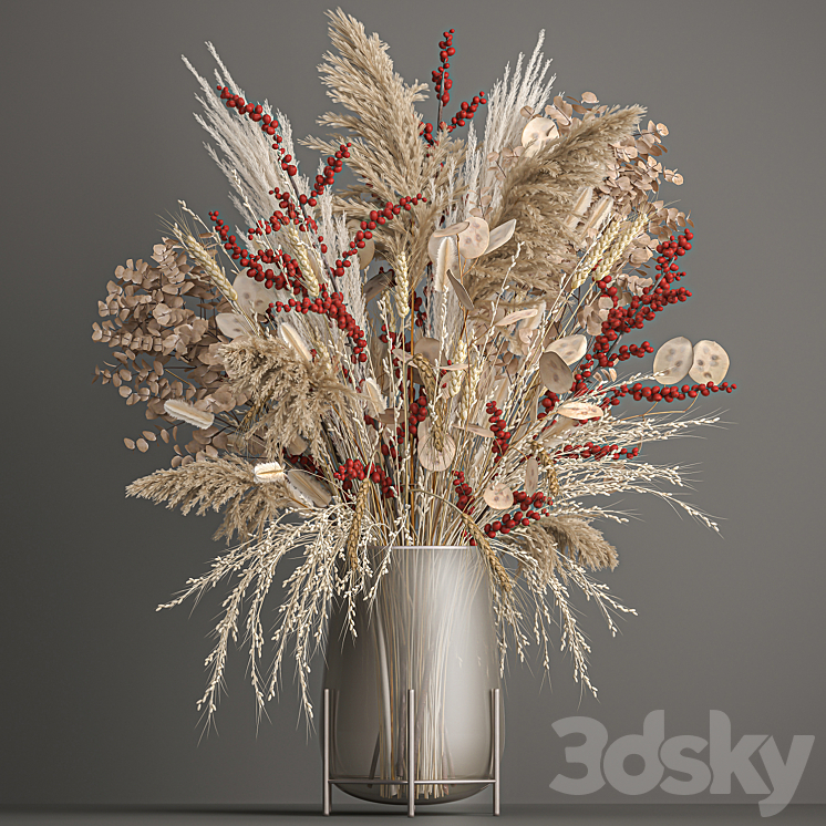 Bouquet of Dried flowers in a glass vase from a branch of pampas grass, lunnik. 204