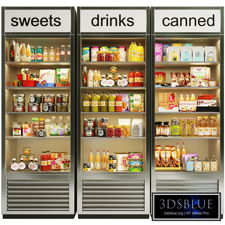 Refrigerator in the supermarket with sauces, cereals and groceries. Food 15