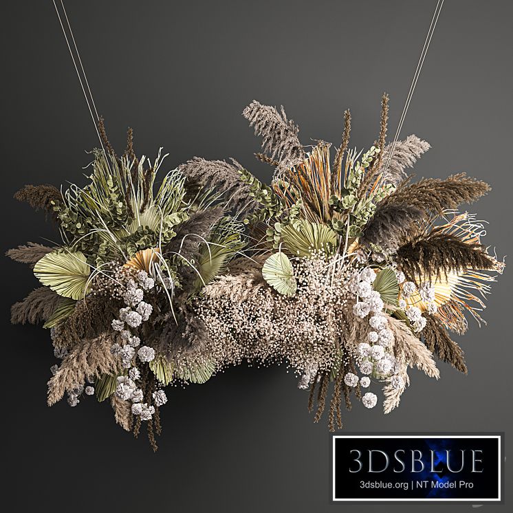 Hanging bouquet and installation under the ceiling, decor above the table made of dried flowers, palm leaf and pampas grass. 232.