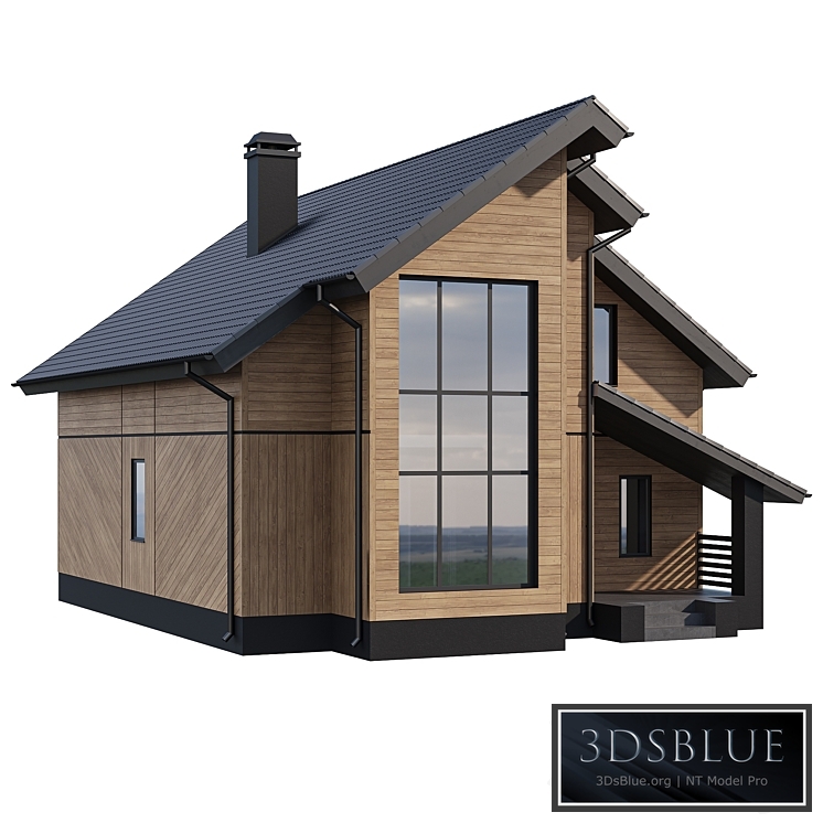 Two-storey wooden house with a complex pitched roof