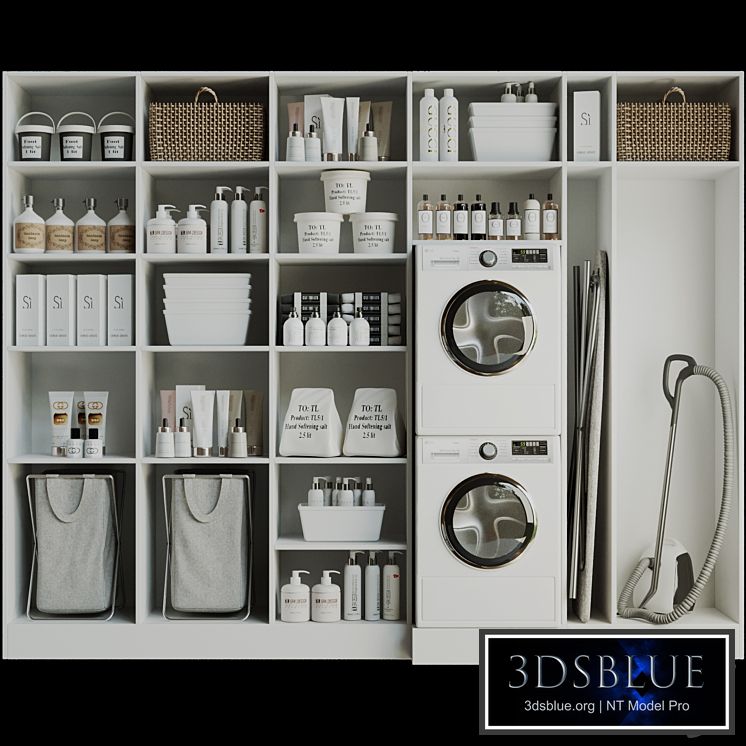Linear with household appliances and household chemicals. Bathroom accessories