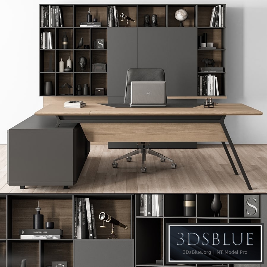 Manager Desk and Library Wood and Black - Office Furniture 266