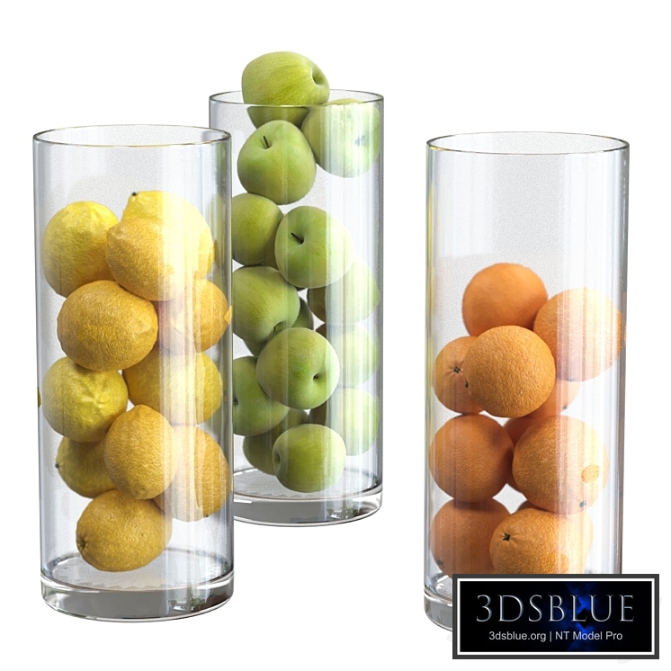 Lemons, oranges and apples in tall vases