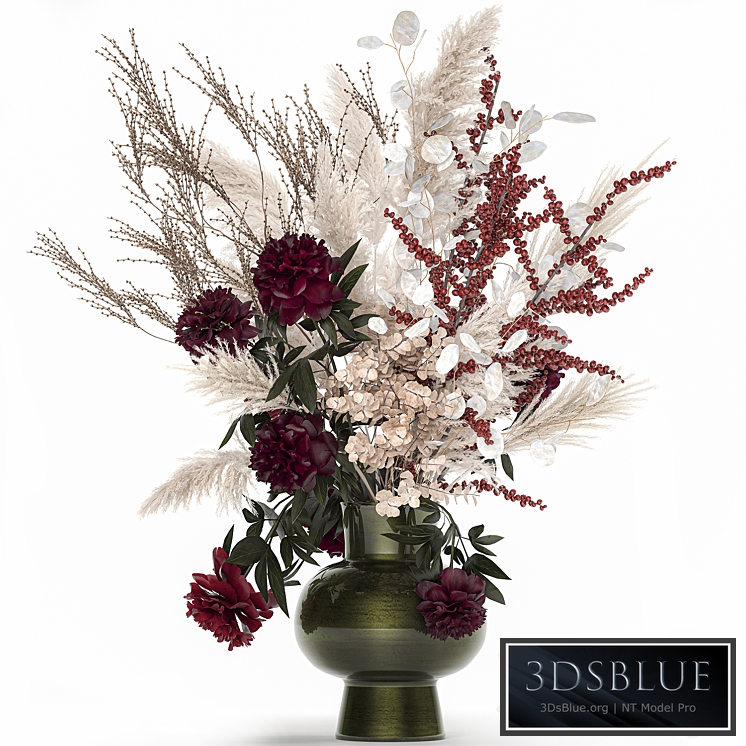 Bouquet 235. Dried flowers, pampas grass, moonflower, branches, reeds, luxury vase, decor, white, peony, Ilex, Holly, SOLIDAGO