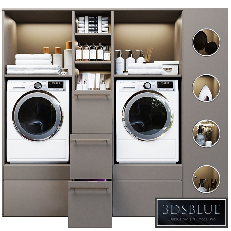 Laundry room in gray with household appliances and cosmetics 5