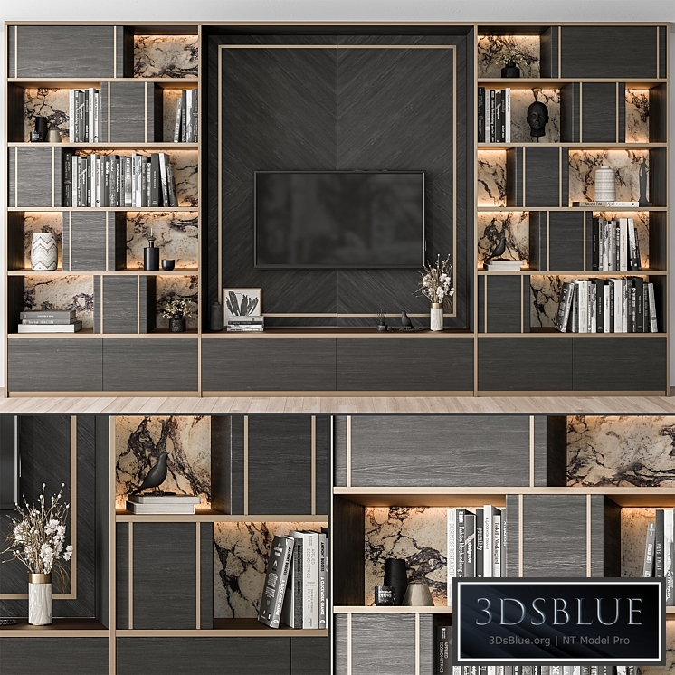 TV Wall Black Wood with Stone Slab - Set 32