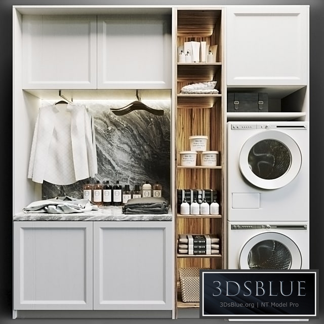 Laundry room in white with household appliances, cosmetics and clothes 8