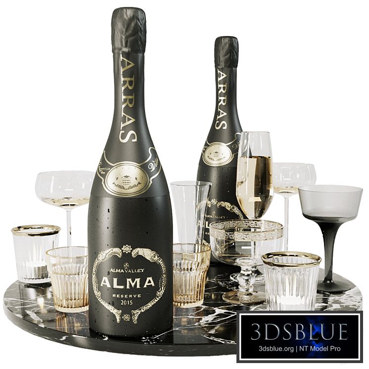 Collection of sparkling wine with crystal glasses and marble tray