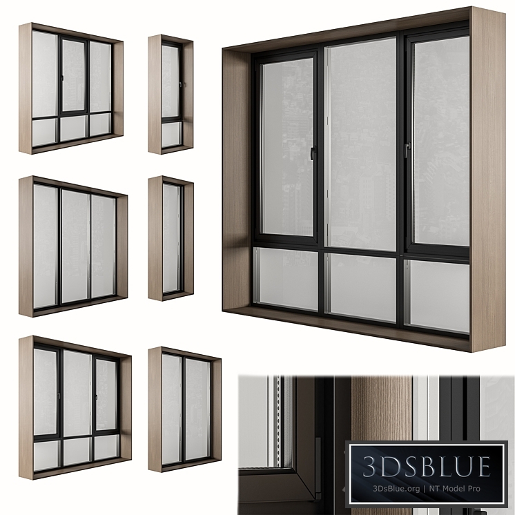 Black Modern Window with Wooden Frame - Windows Set 06