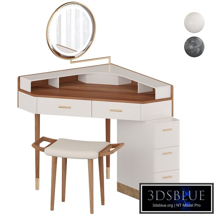Modern Corner Makeup Vanity Table with LED Lighted Mirror, Vanity Desk with 5 Drawers, Piano Finish, Solid Wood Legs, Stool, 29.5&#39;