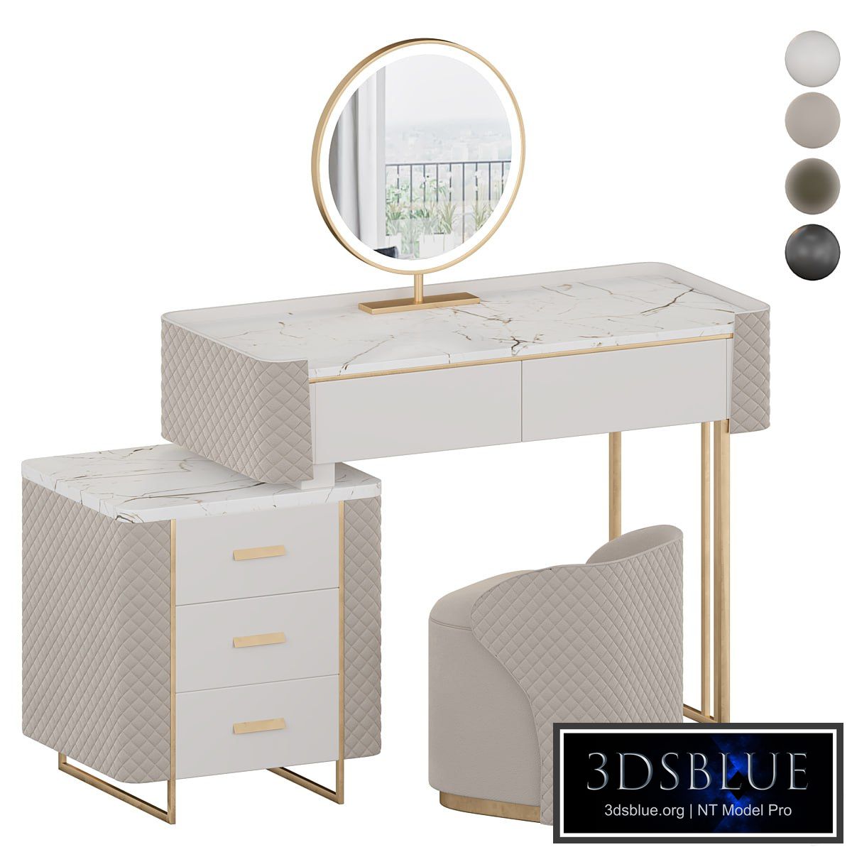 Luxury Makeup Vanity Set with LED Lighted Mirror, Side Cabinet and 5 Drawers, Modern Sintered Stone Dressing Table with Stool for Bedroom