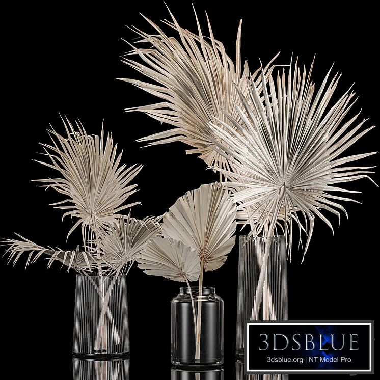 A set of bouquets in glass vases made of dry branches of palm leaves, dried flower. 249.
