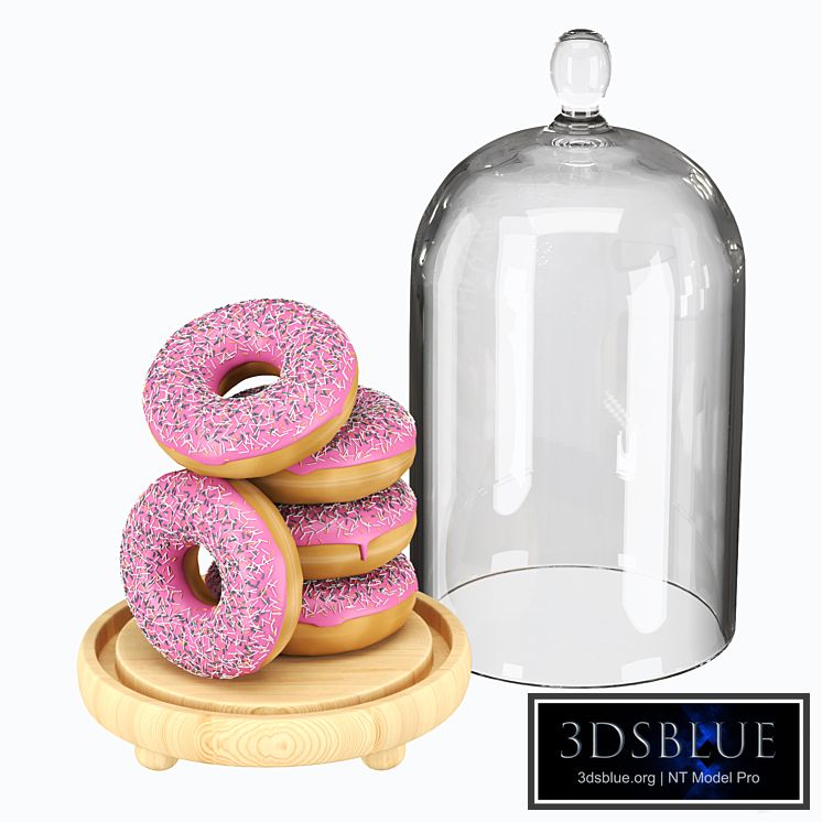 Serving dish with glass lid and donuts