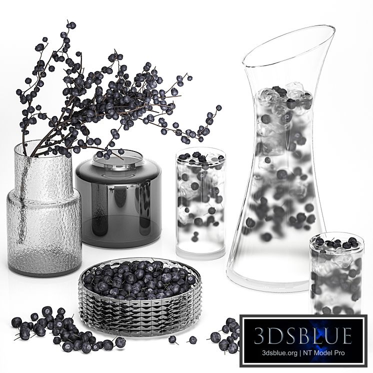 blueberry lemonade. Decanter, glass, cocktail, blueberries, vase, branches, ice, drink, table decoration