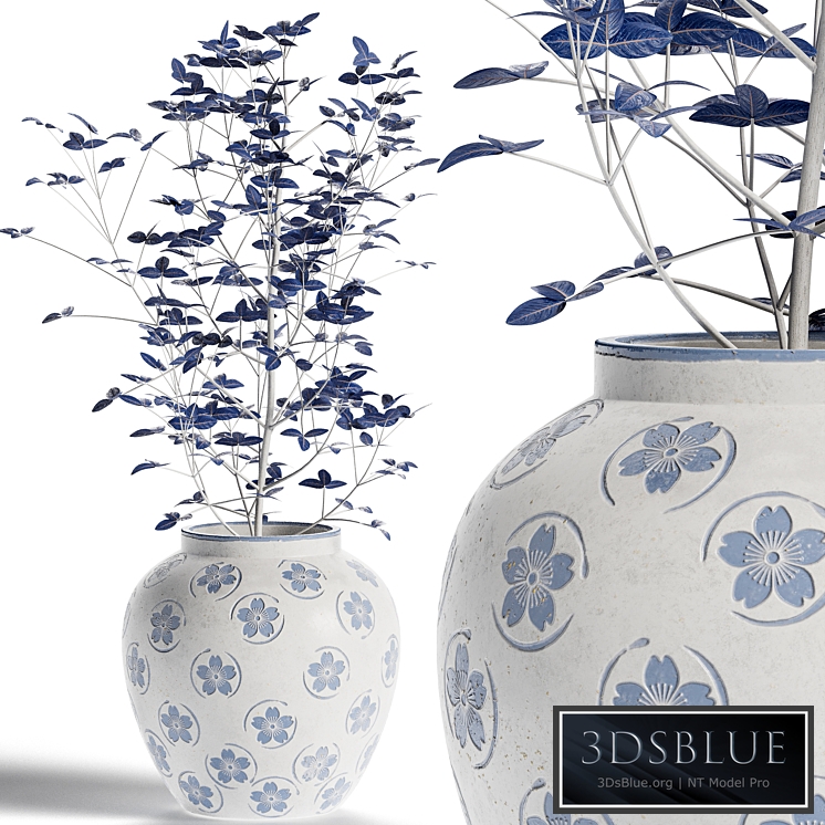 Blue Floral Vase with Plant