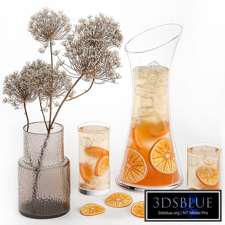 Citrus lemonade with ice in a decanter with a bouquet of dried borscht, juice, drink and cocktail