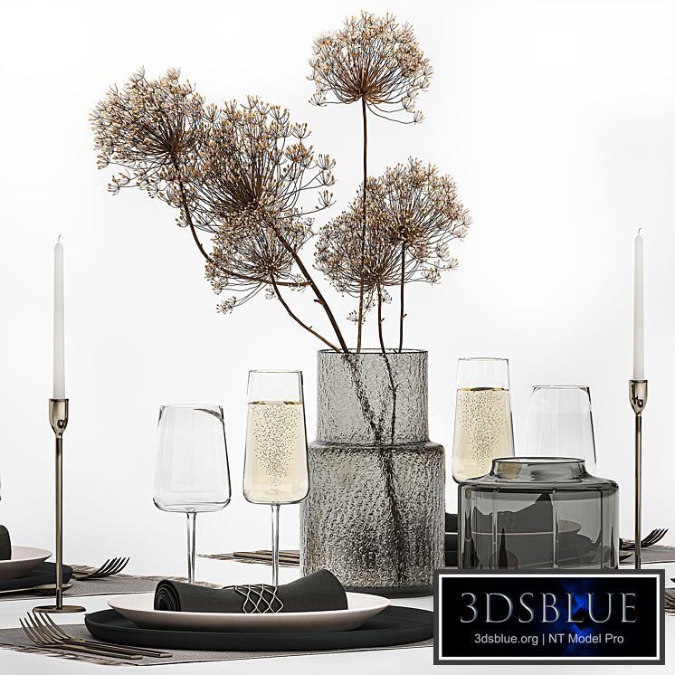 Table service 24. Dried flower, bouquet, hogweed, branches, cutlery, glass, sparkling wine, luxury decor, eco design, vase