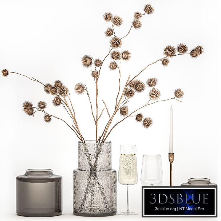 Bouquet of dried flowers from thorn branches burdock with a vase and a glass of sparkling wine. 253