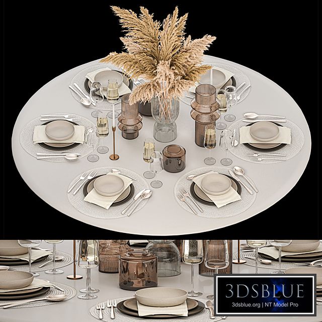 Serving for a round table for 6 people with a bouquet of dried flowers Pampas grass, vase, glass 32.