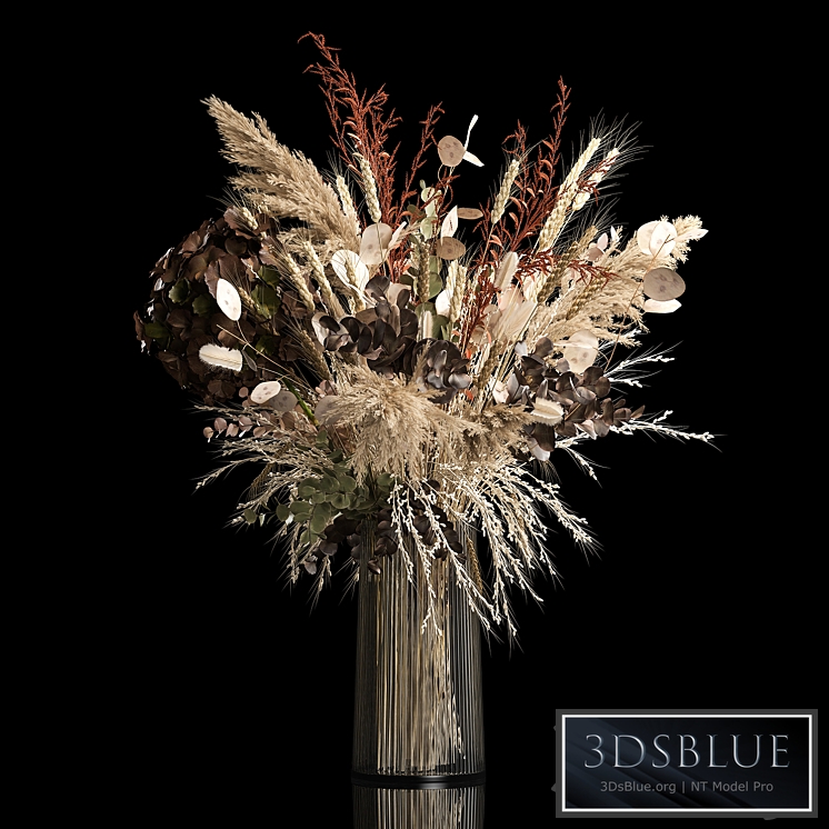 Decorative bouquet in a glass vase in eco style from dried flowers, hydrangea, pampas grass, reeds, cortaderia, moonflower, dry decor 259.