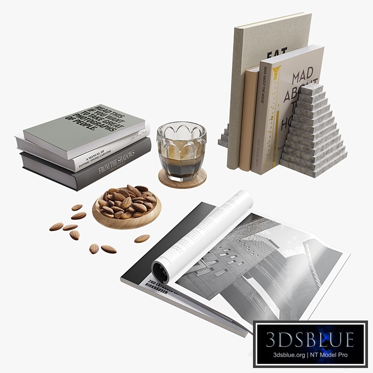 Books, magazines, coffee and almonds