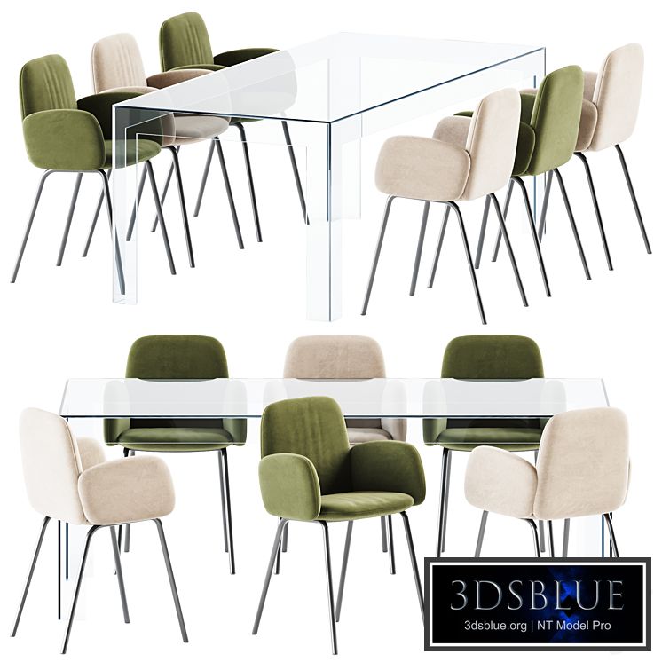 Atlantis Table by Glas Italia and Leda Chair With Armrests by Miniforms