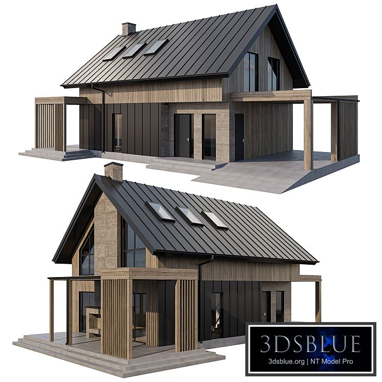 Two-story cottage with a fireplace on the terrace and a carport