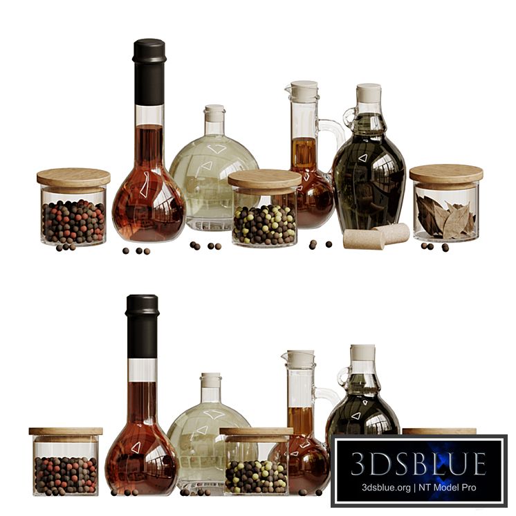 A set of kitchen jars with oil and pepper