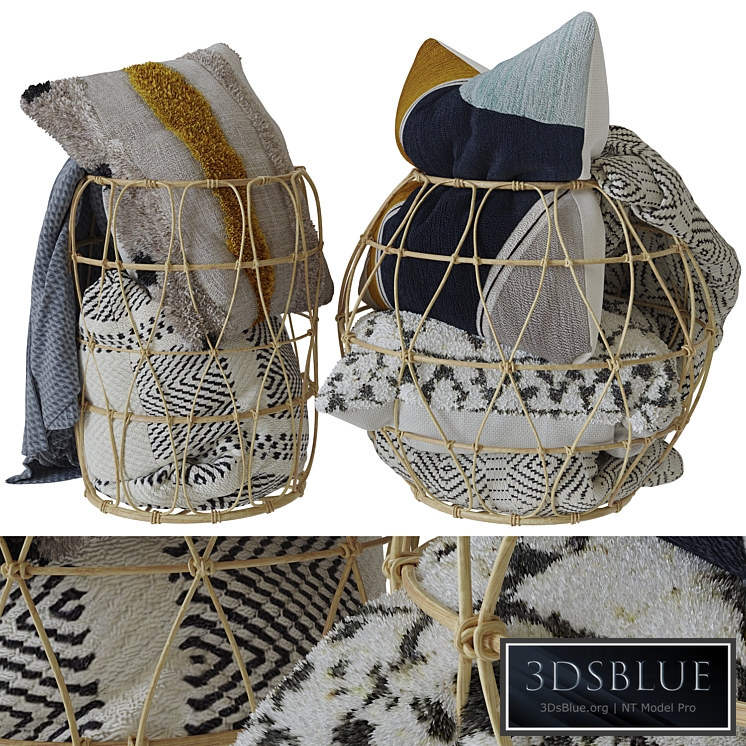 Bamboo basket with decorative pillows and a blanket