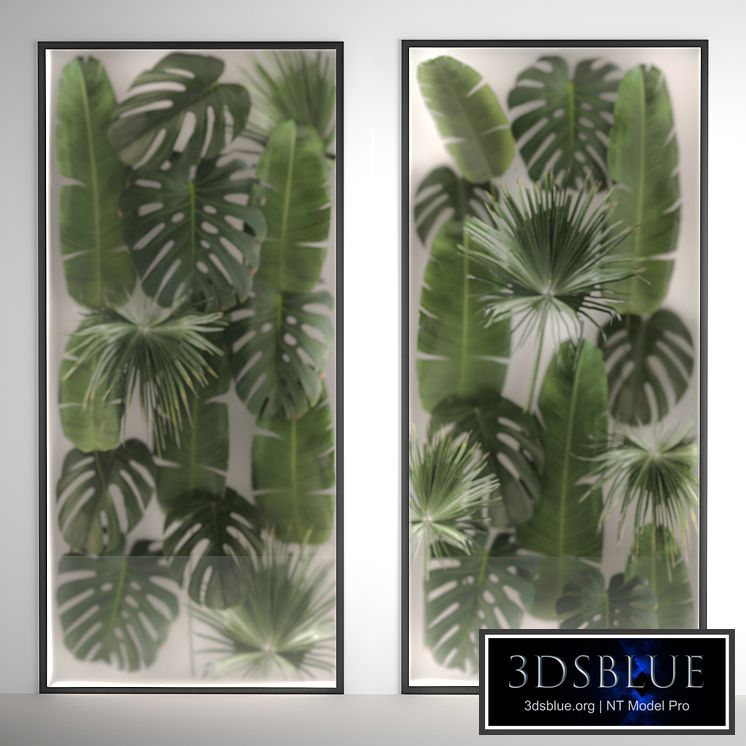 Phytowall and phytobox made of banana palm branches and fan palm leaves in a niche behind a translucent stack. Bouquet 286.