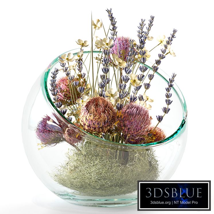 Bouquet with dry protea, lavender and white flowers